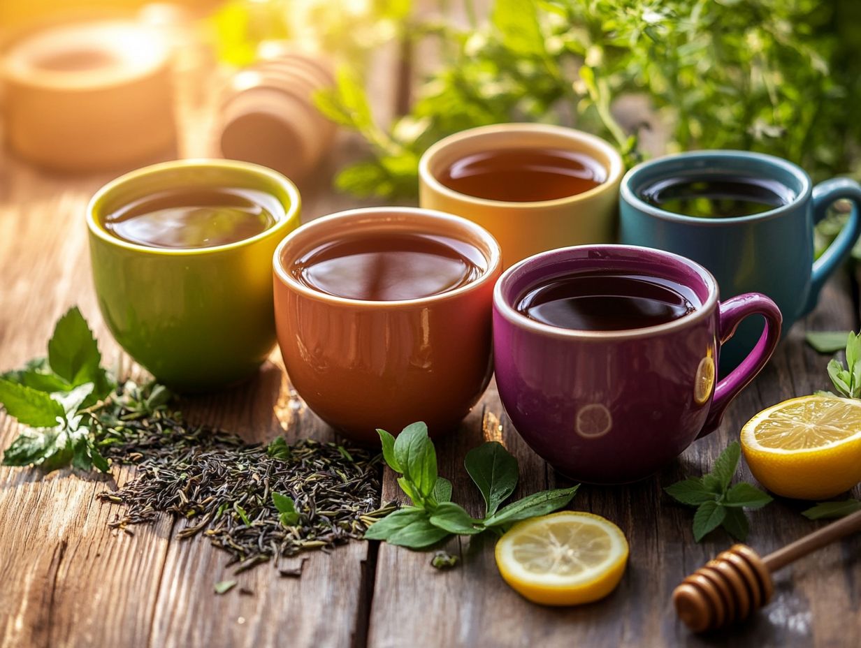 A refreshing assortment of energizing herbal teas beside a cup of coffee.