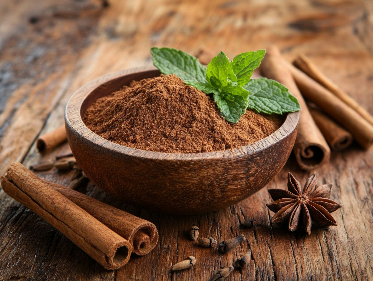 A bowl of cinnamon with health benefits highlighted.