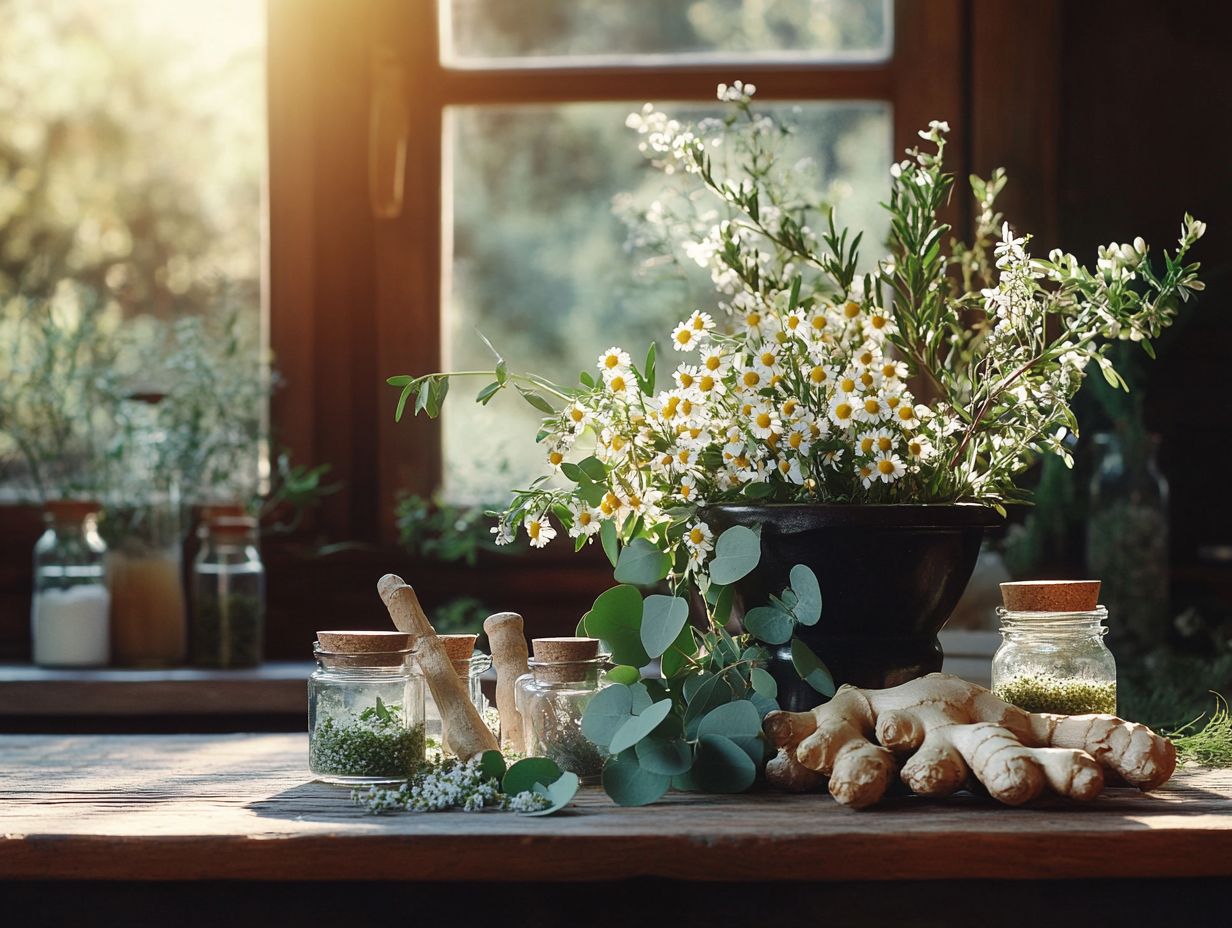 A variety of herbs used for cold symptom relief displayed on a wooden table.