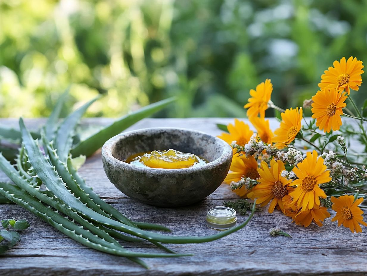 Illustration of various herbal treatments for wound care.