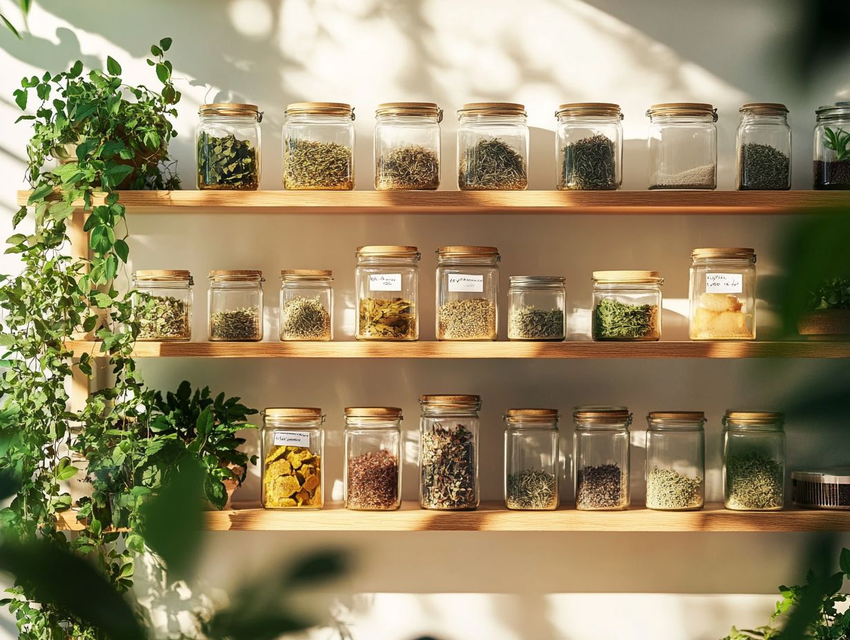 A variety of containers including amber glass bottles and airtight jars for storing herbal remedies