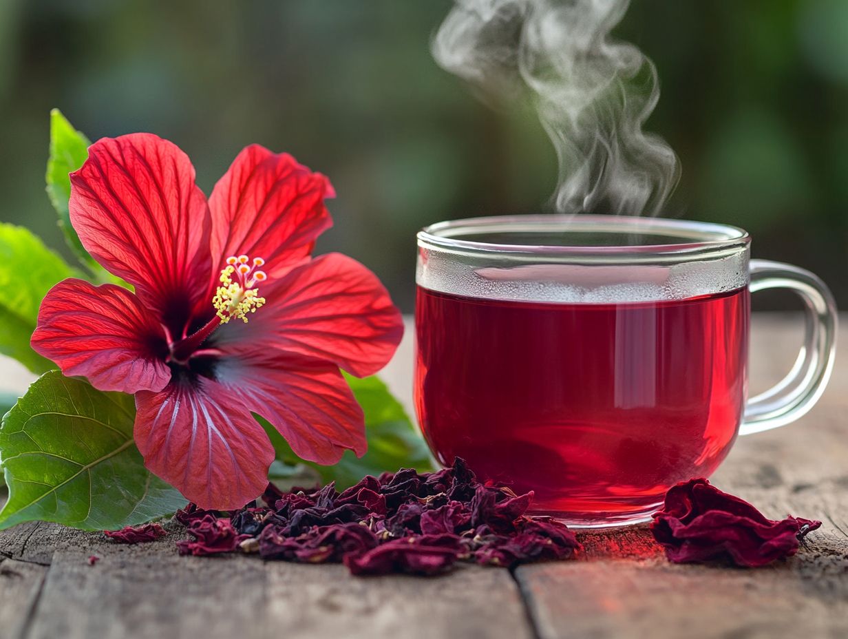 A vibrant display of hibiscus tea with fresh herbs.